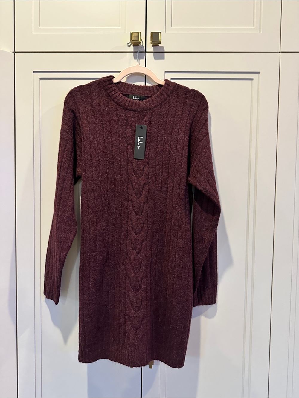 LULUS NWT Cable Knit Crewneck Sweater Dress in Burgundy